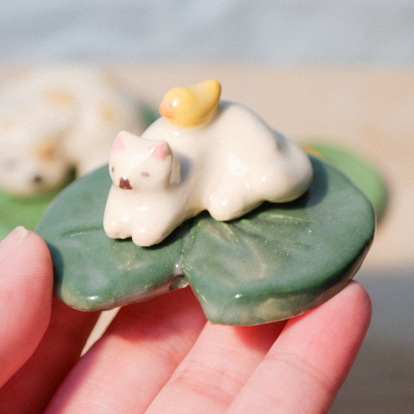 playdate! Doggy and Kitty on Lily Pad Ceramic Figurine Set