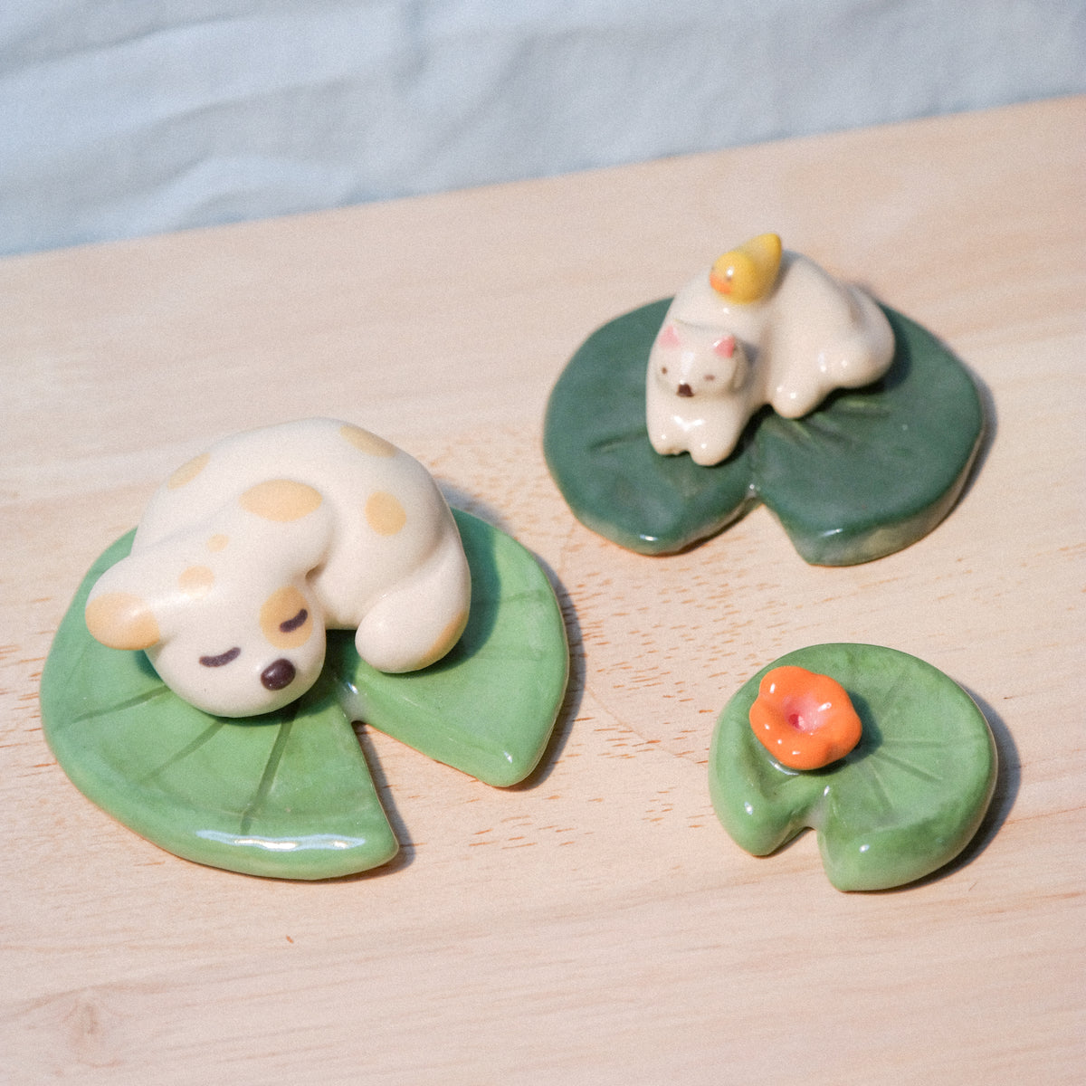 playdate! Doggy and Kitty on Lily Pad Ceramic Figurine Set