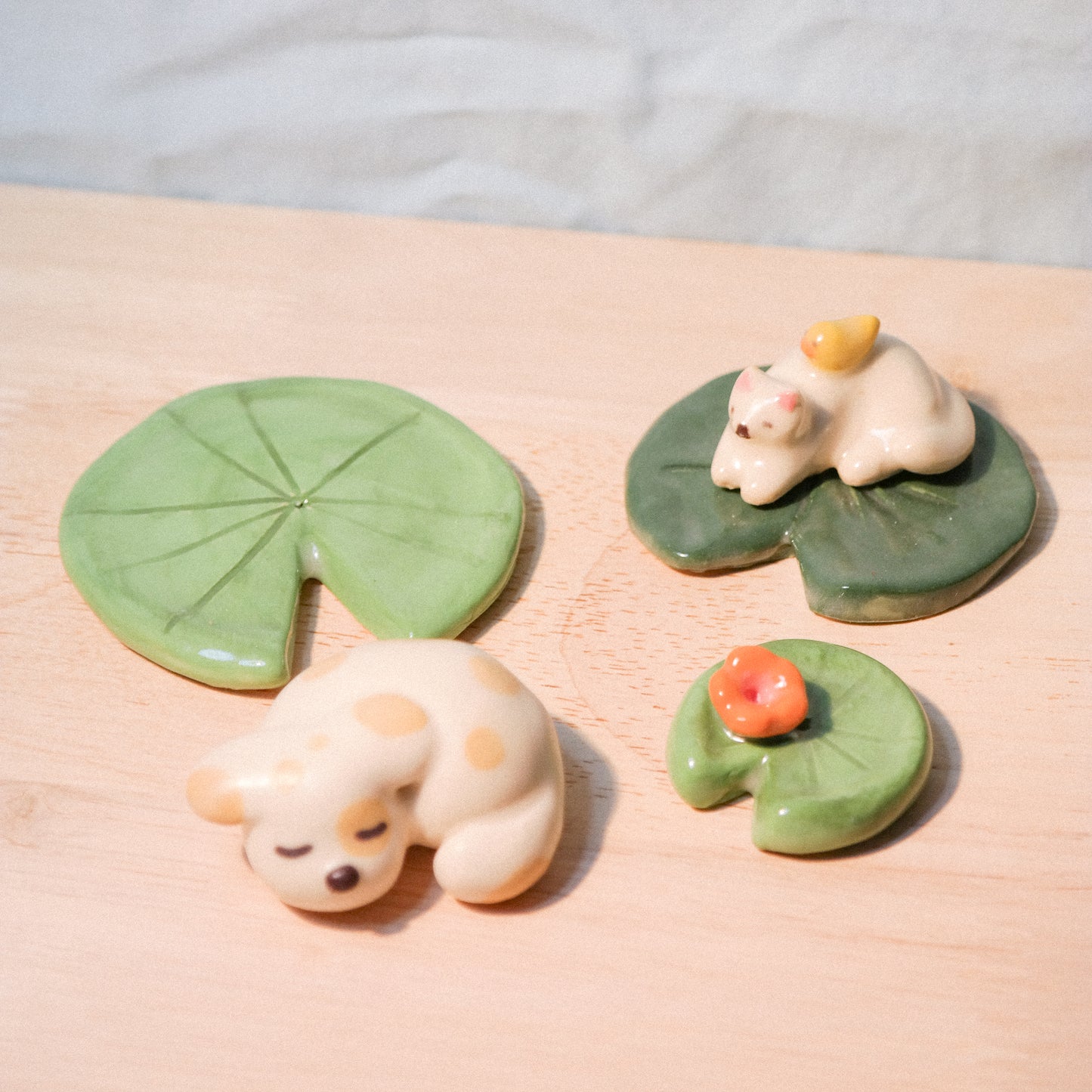 playdate! Doggy and Kitty on Lily Pad Ceramic Figurine Set