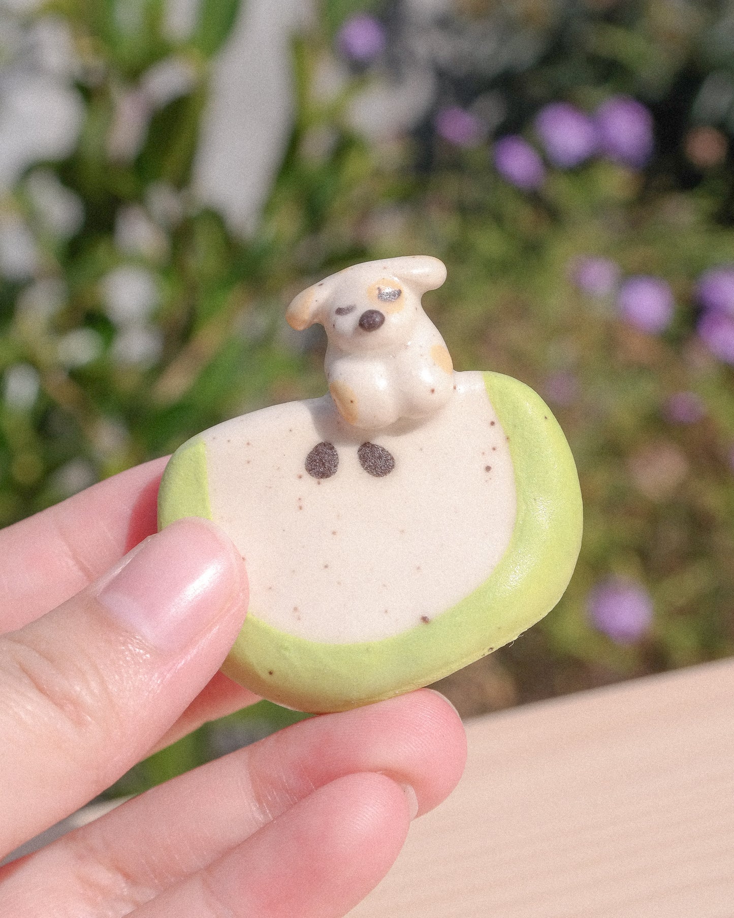 Tiny Apple Slice Dog Ceramic Figurine