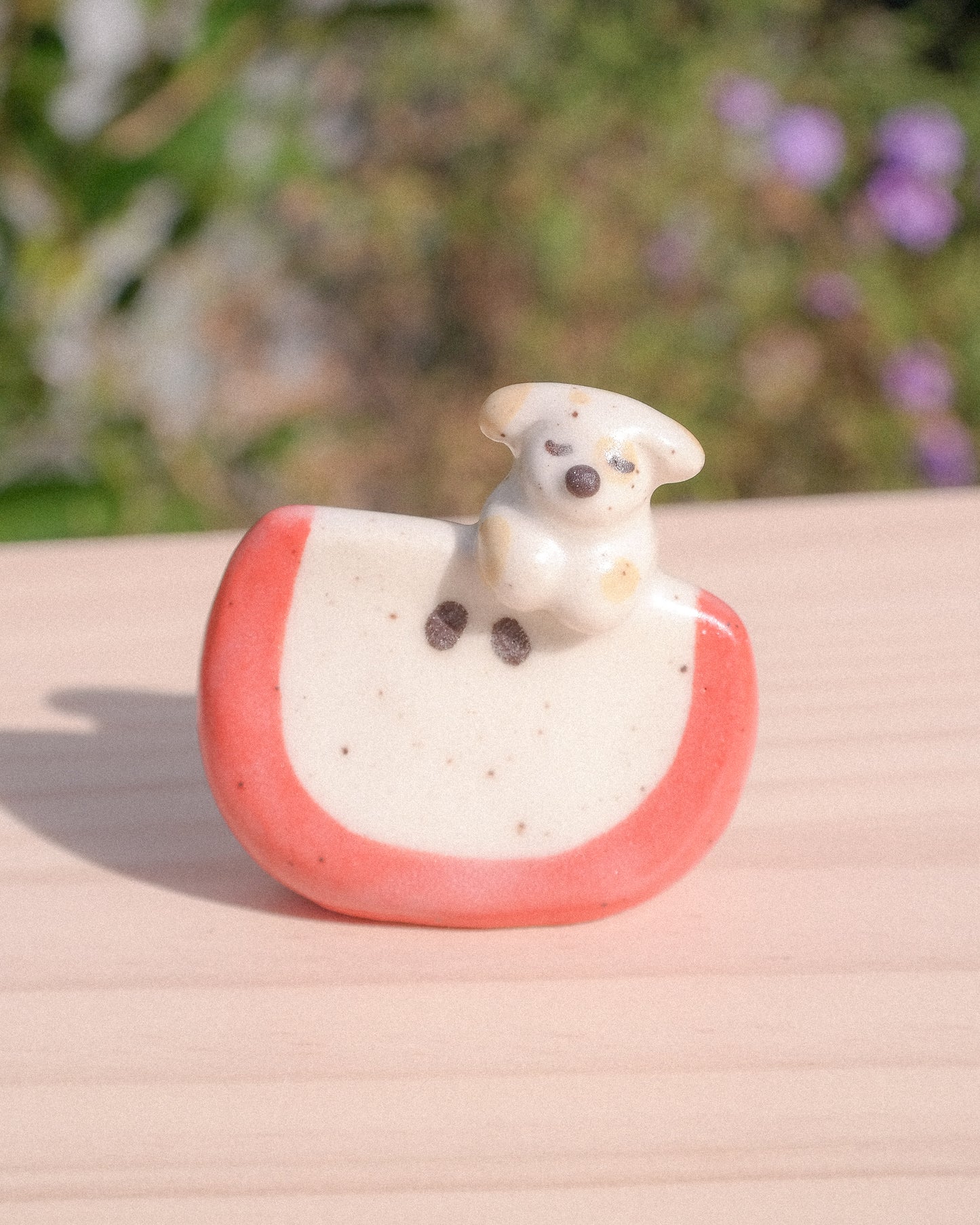 Tiny Apple Slice Dog Ceramic Figurine