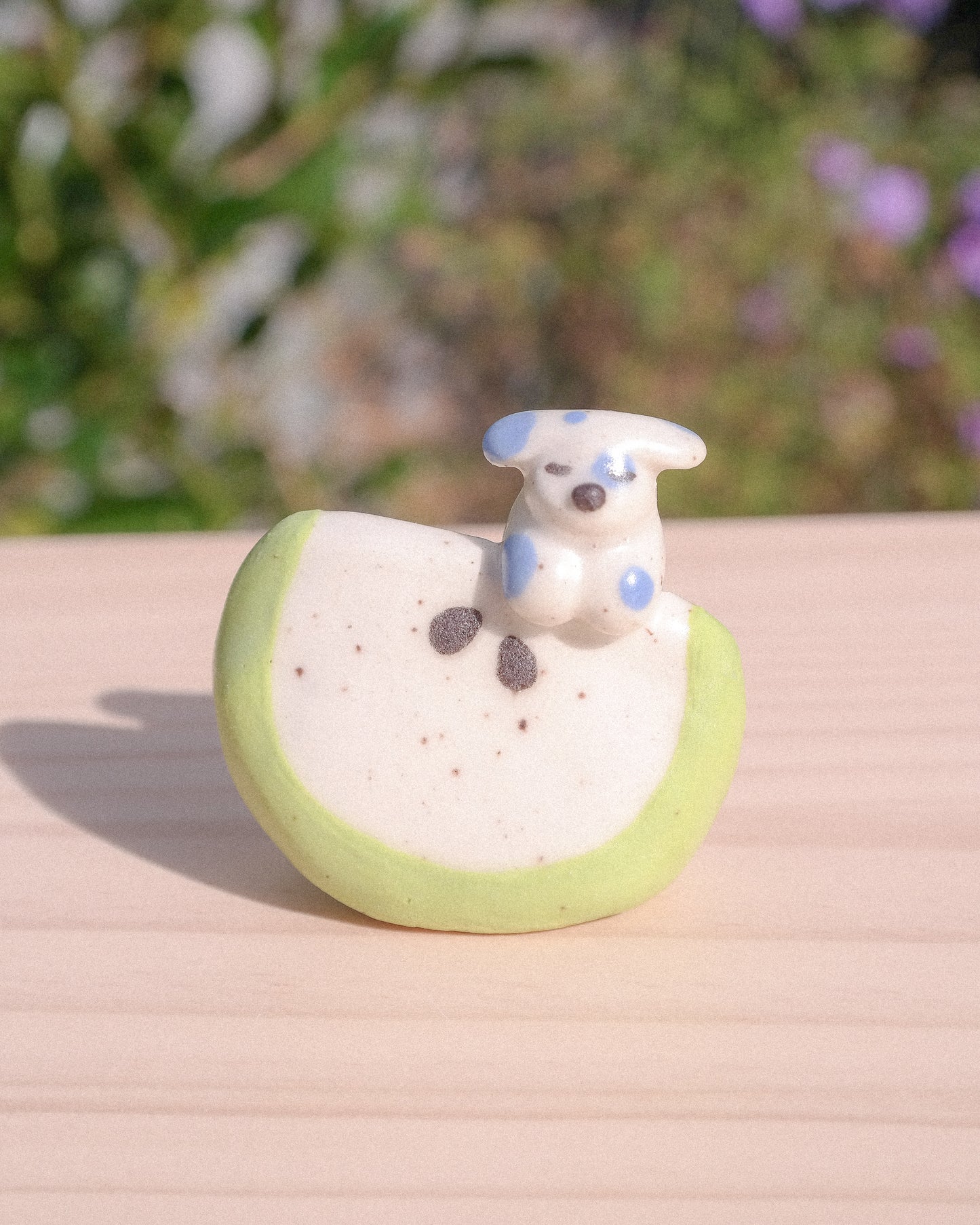 Tiny Apple Slice Dog Ceramic Figurine